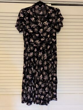 Ralph Lauren Chaps Navy Blue  Midi Dress with Lavender Floral Print